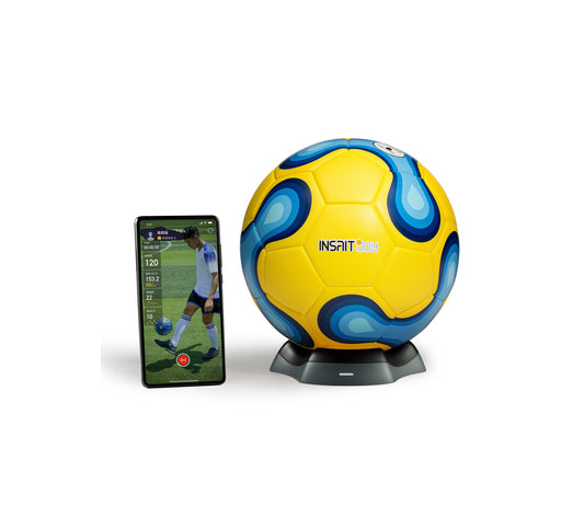 INSAIT JOY smart football connected to smartphone app displaying real-time technical stats