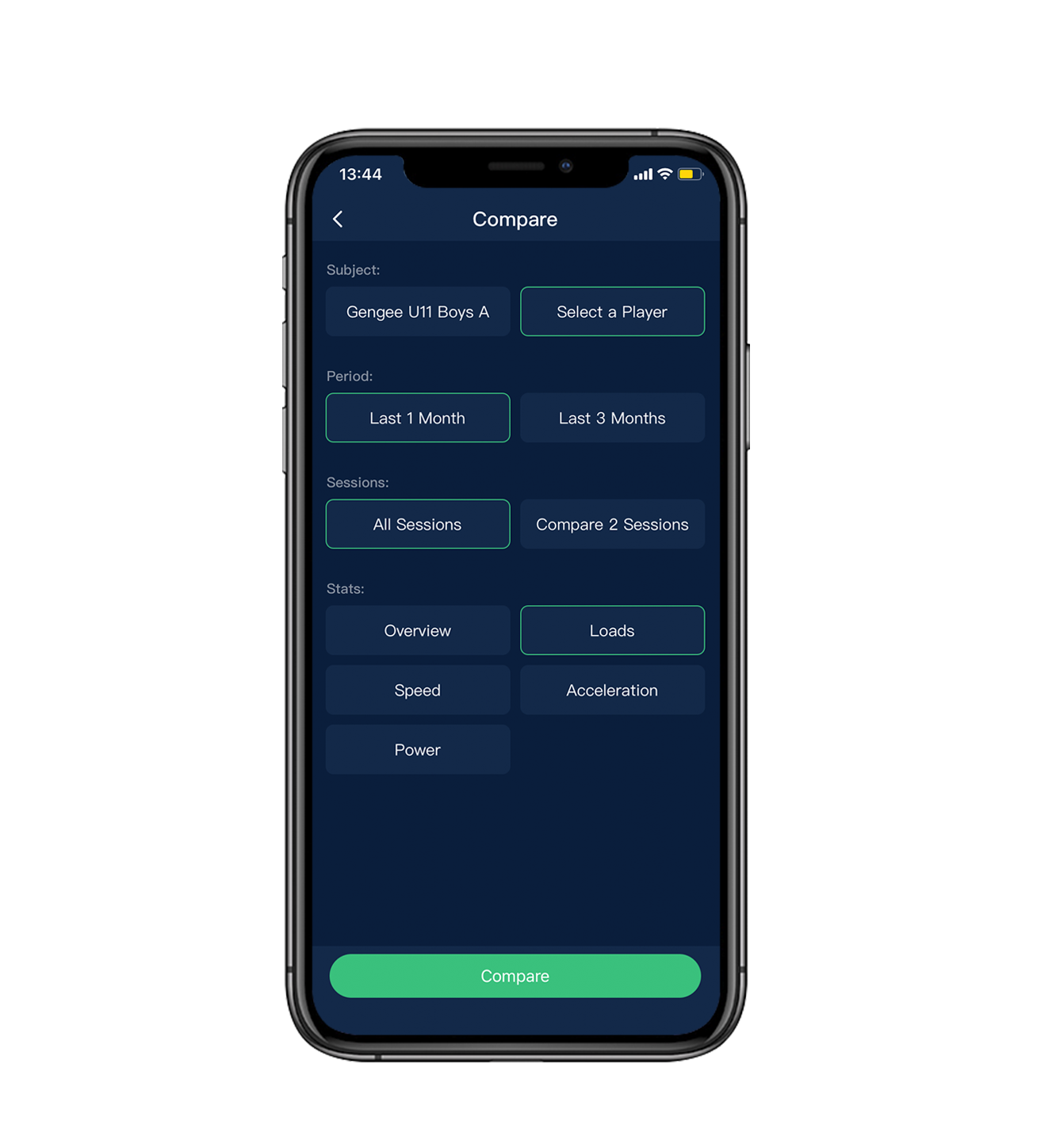 Compare tools in the team app allow coaches to analyse player performance stats.