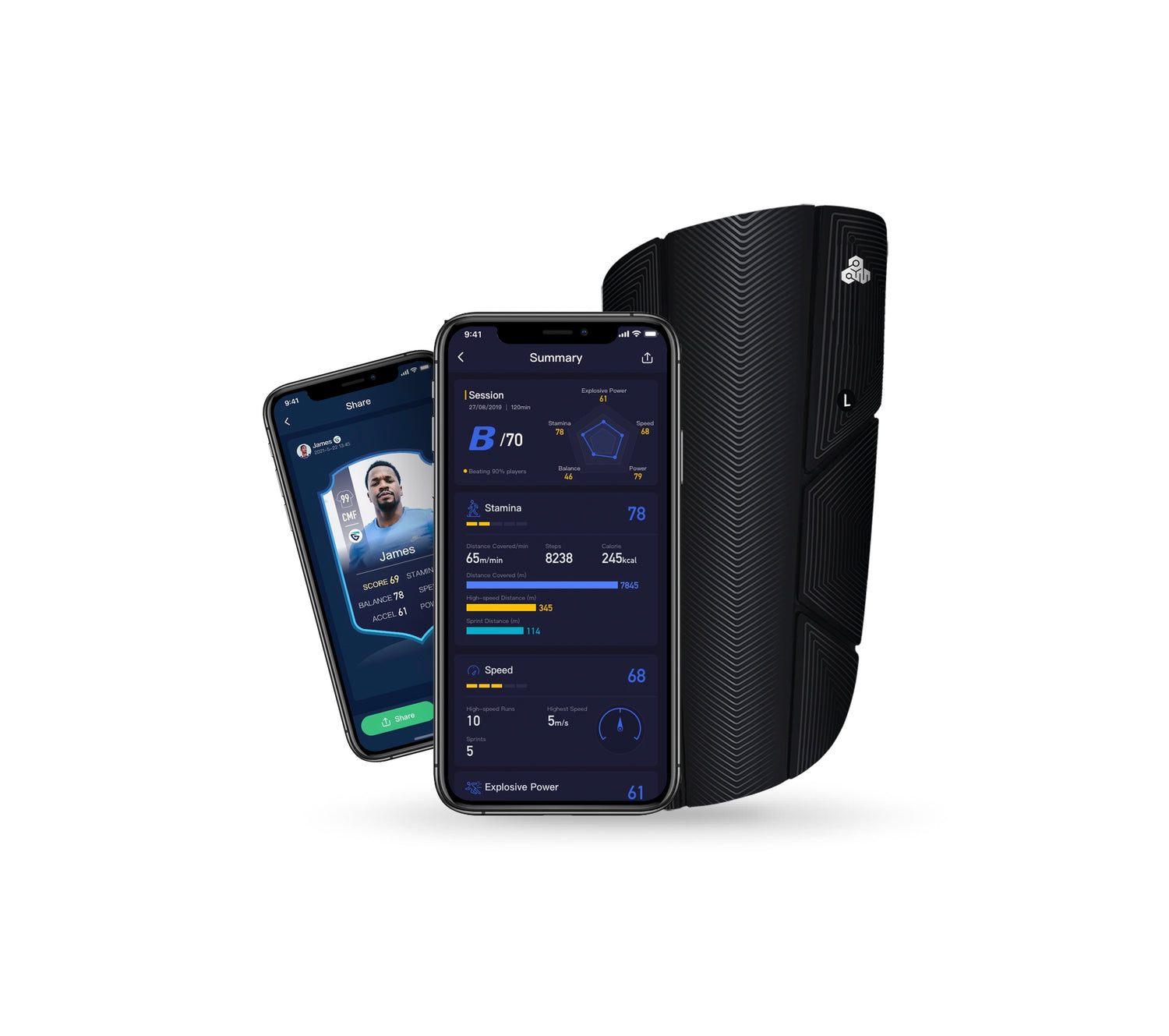 Soccer tracker in shin guards that records player stats in the app.