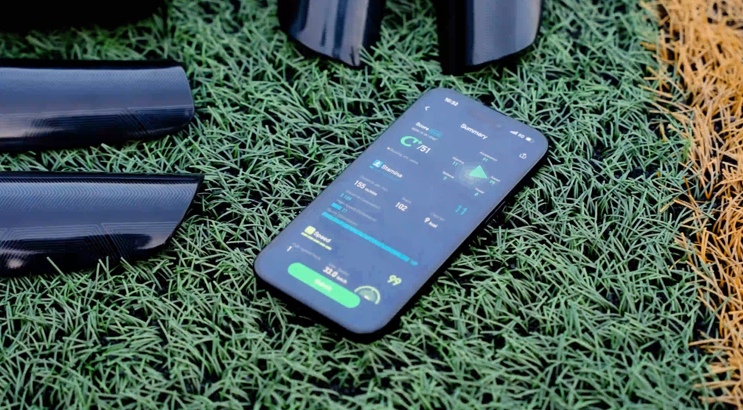 App displaying stats measured by soccer trackers in smart shin guards.