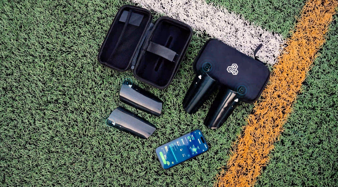 INSAIT JOY Smart Shin Guards and mobile app interface showing a performance report on a football pitch, featuring integrated IMU sensors and high-tech data visualization.