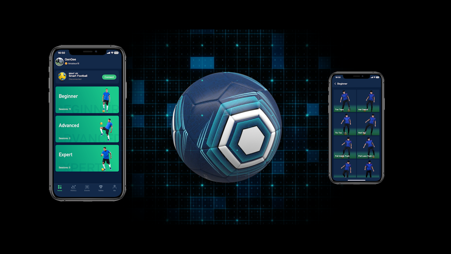 INSAIT JOY app interface showing football skill levels from beginner to expert