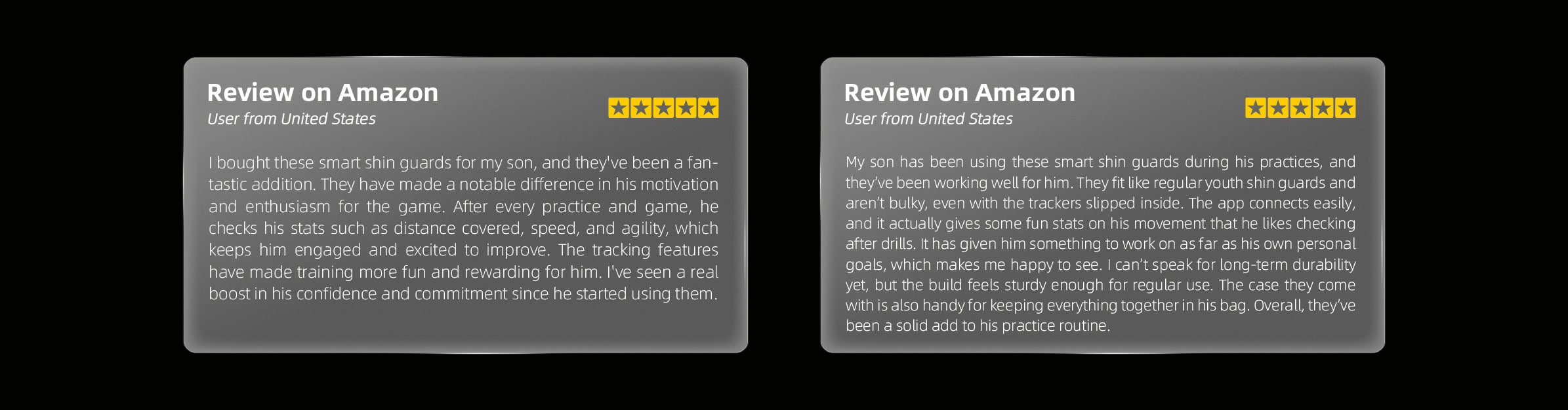 Five-star Amazon review from 2 US parents praising the INSAIT JOY soccer tracker for youth player development.