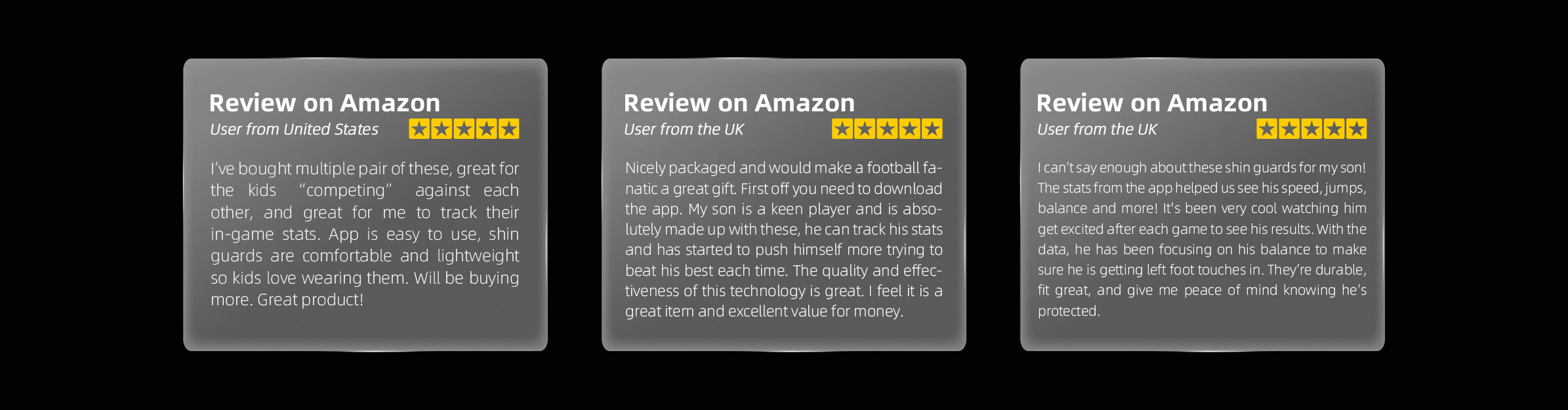 Verified customer review from the USA and the UK highlighting the merits of INSAIT JOY smart shin guards for tracking soccer stats.