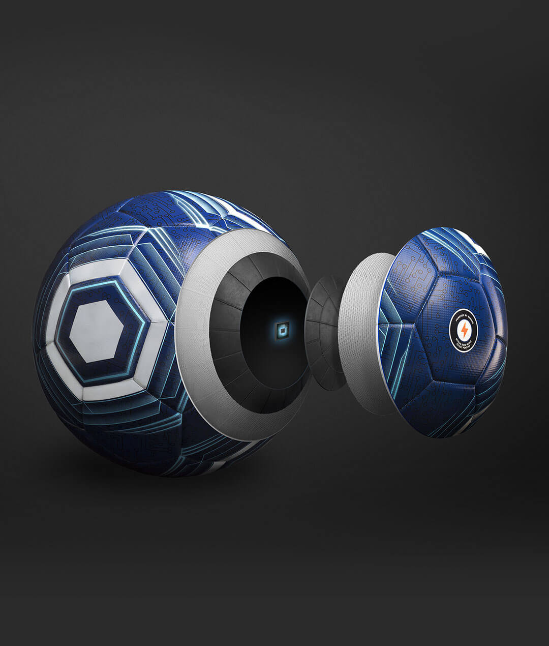 Exploded view of INSAIT JOY smart football revealing the internal sensor architecture and high-speed motion tracking chip technology.