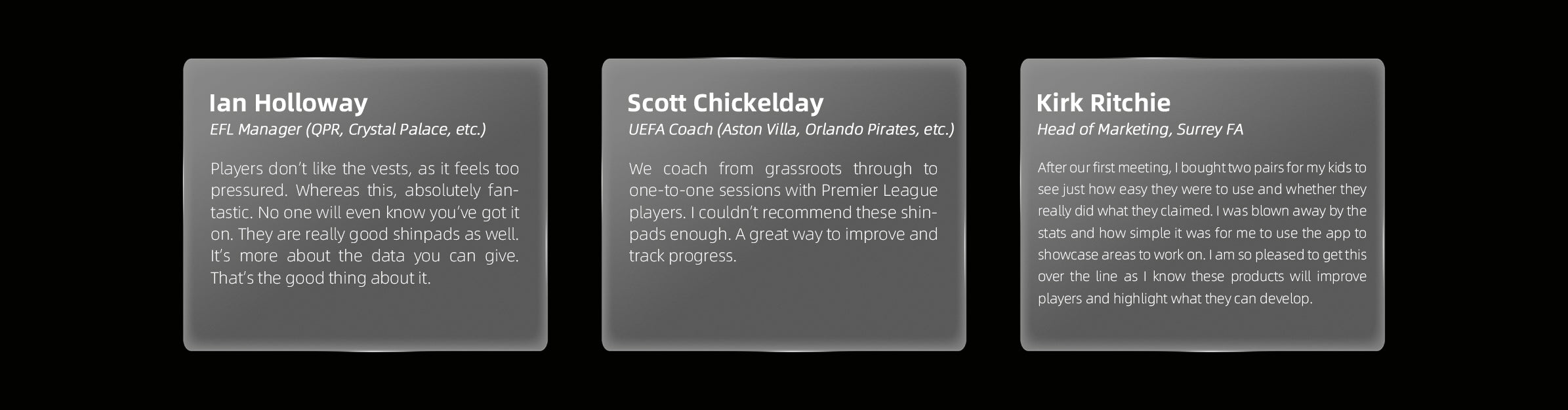 Expert reviews of INSAIT JOY smart shin guards from coach Ian Holloway, Scott Chickelday, and Surrey FA marketing head.