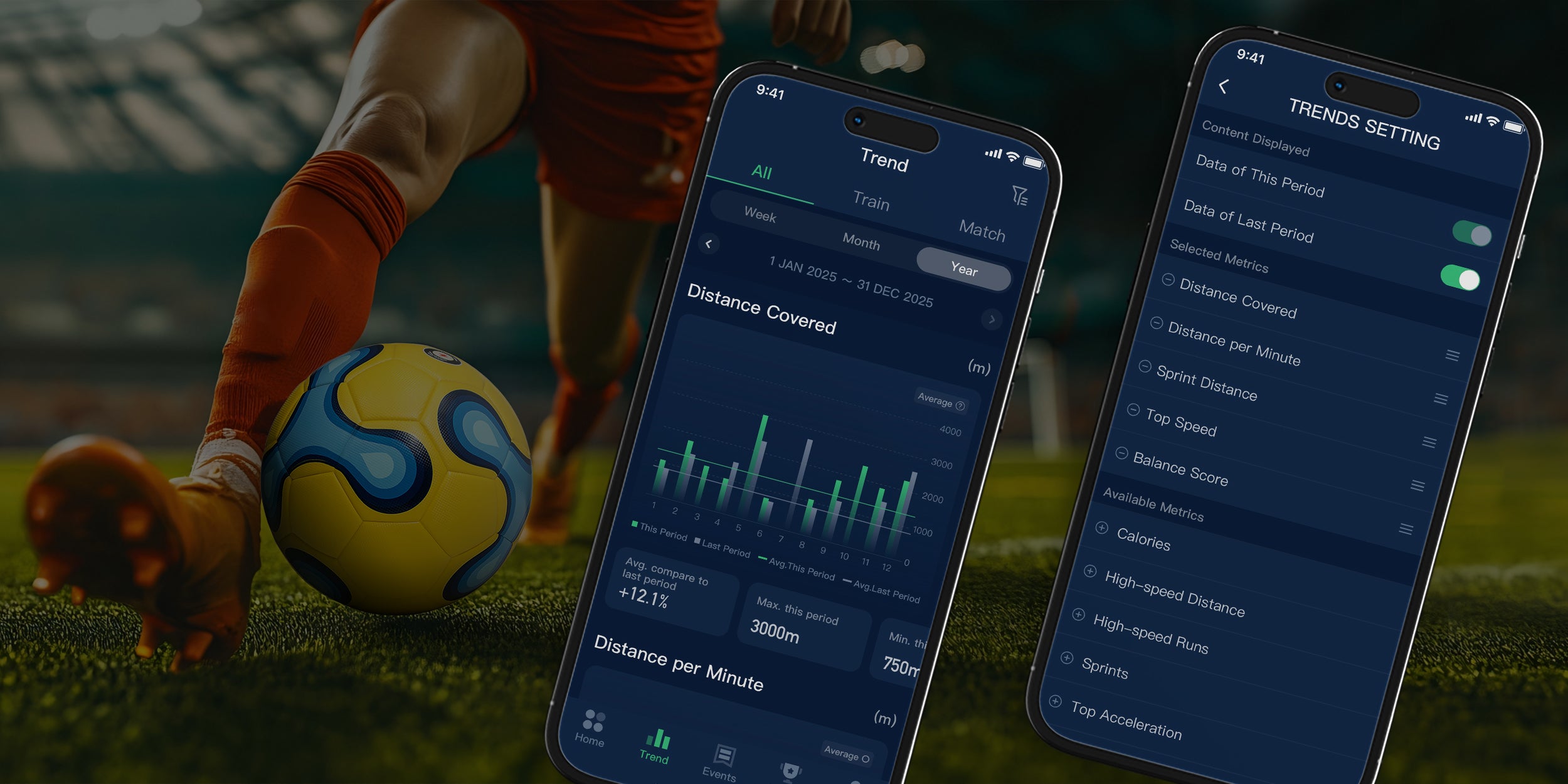 Soccer player training on field with INSAIT JOY app trend analysis screens showing physical load tracking and long-term performance trends.