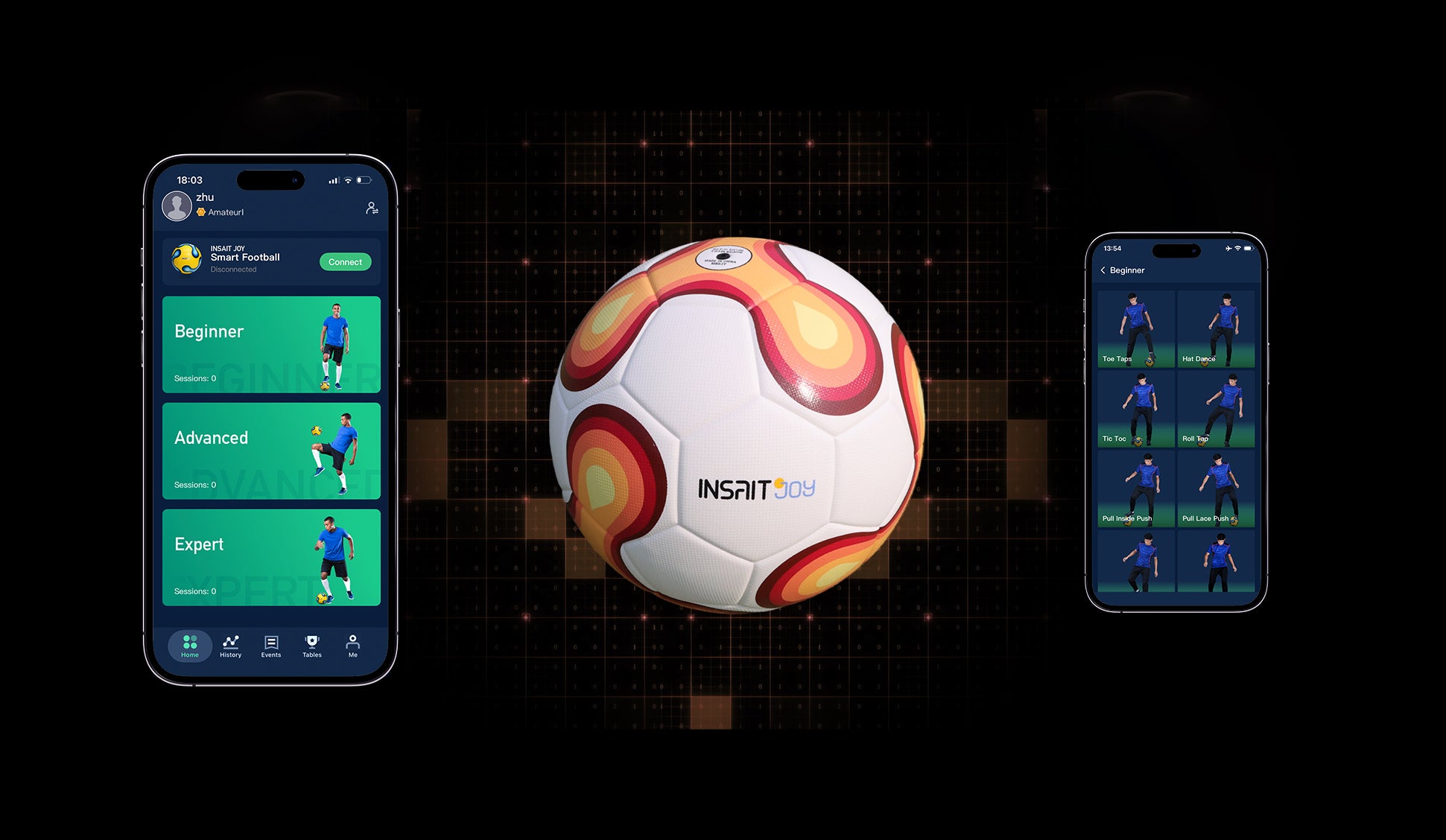 Smart football and INSAIT JOY app interface showing football skill levels from beginner to expert