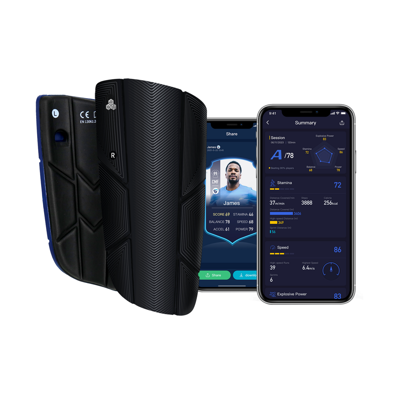INSAIT JOY smart shin guards for footballers displaying app data for Player Ratings and physical metrics including Speed, Stamina, and Acceleration.