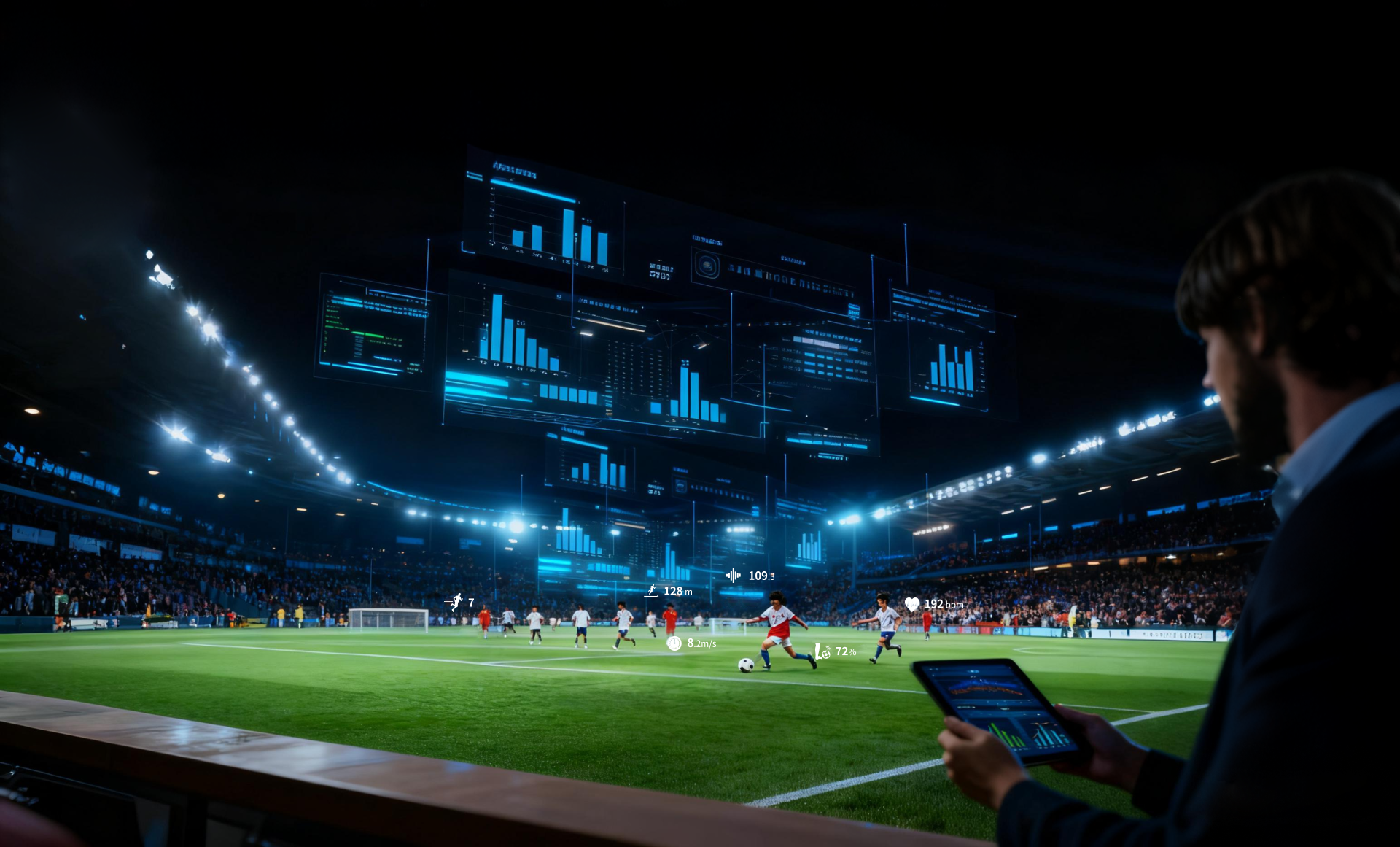 A soccer coach using a tablet on the sidelines to monitor real-time player performance data during a live match.