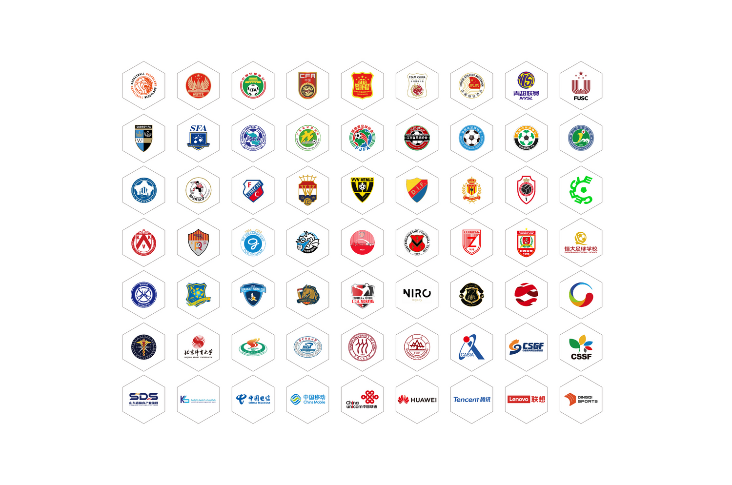 Global partners and clients of Gengee, featuring prominent football clubs, national football associations, and sports academies from China and international markets.