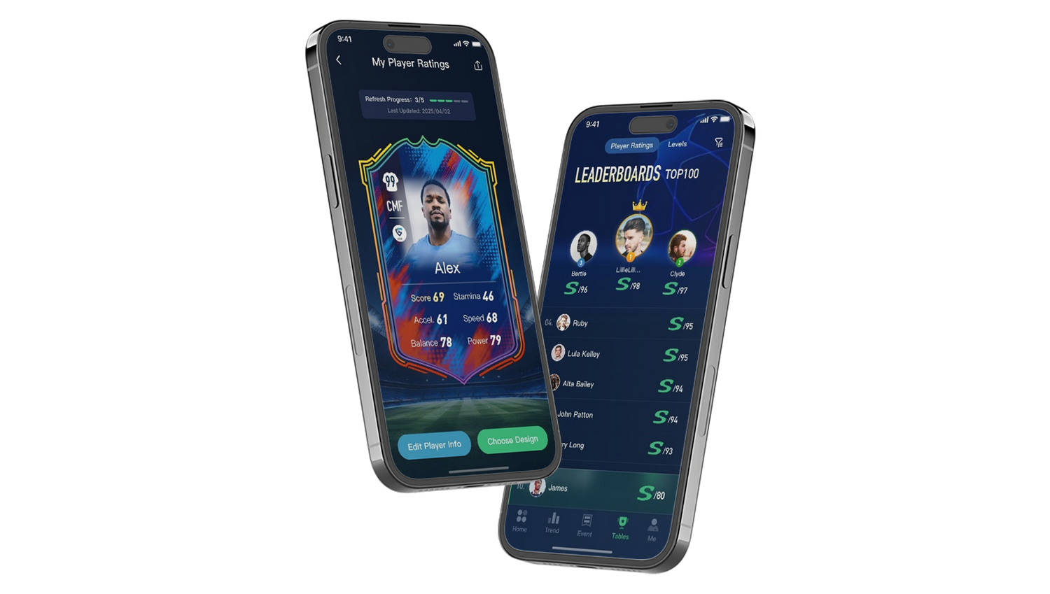 INSAIT JOY app interface showing game-like Player Ratings and global Leaderboards to showcase physical profile and soccer skill progress.