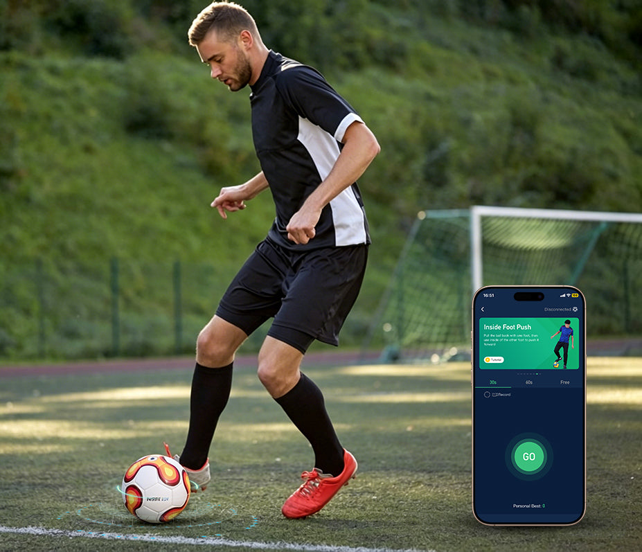 Footballer practicing technical drills using a smart ball in a backyard training setup