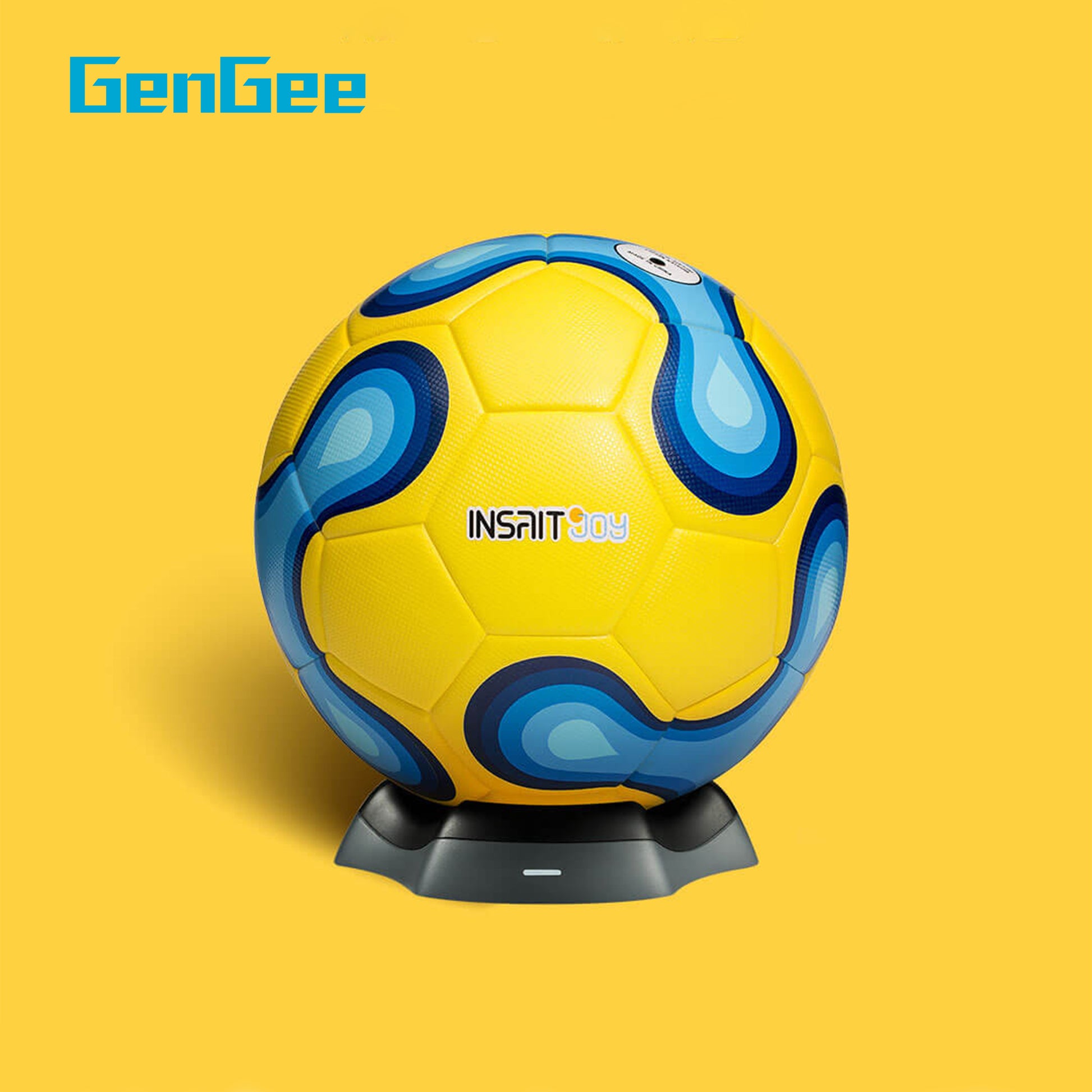 Official Size 4 INSAIT JOY smart football on its wireless charging dock, showcasing the convenient power solution for its advanced connected ball technology.