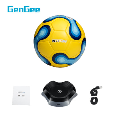 INSAIT JOY smart football set including the soccer ball with connected ball technology, a wireless charging dock, and a USB charging cable.