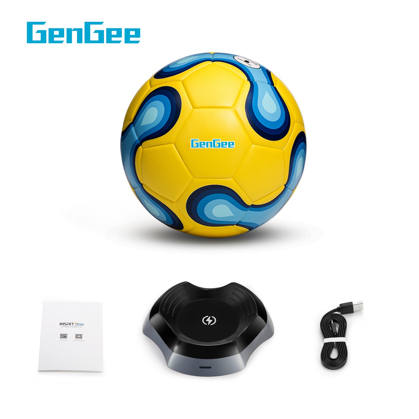 Complete package includes smart football, wireless charger and USB cable.