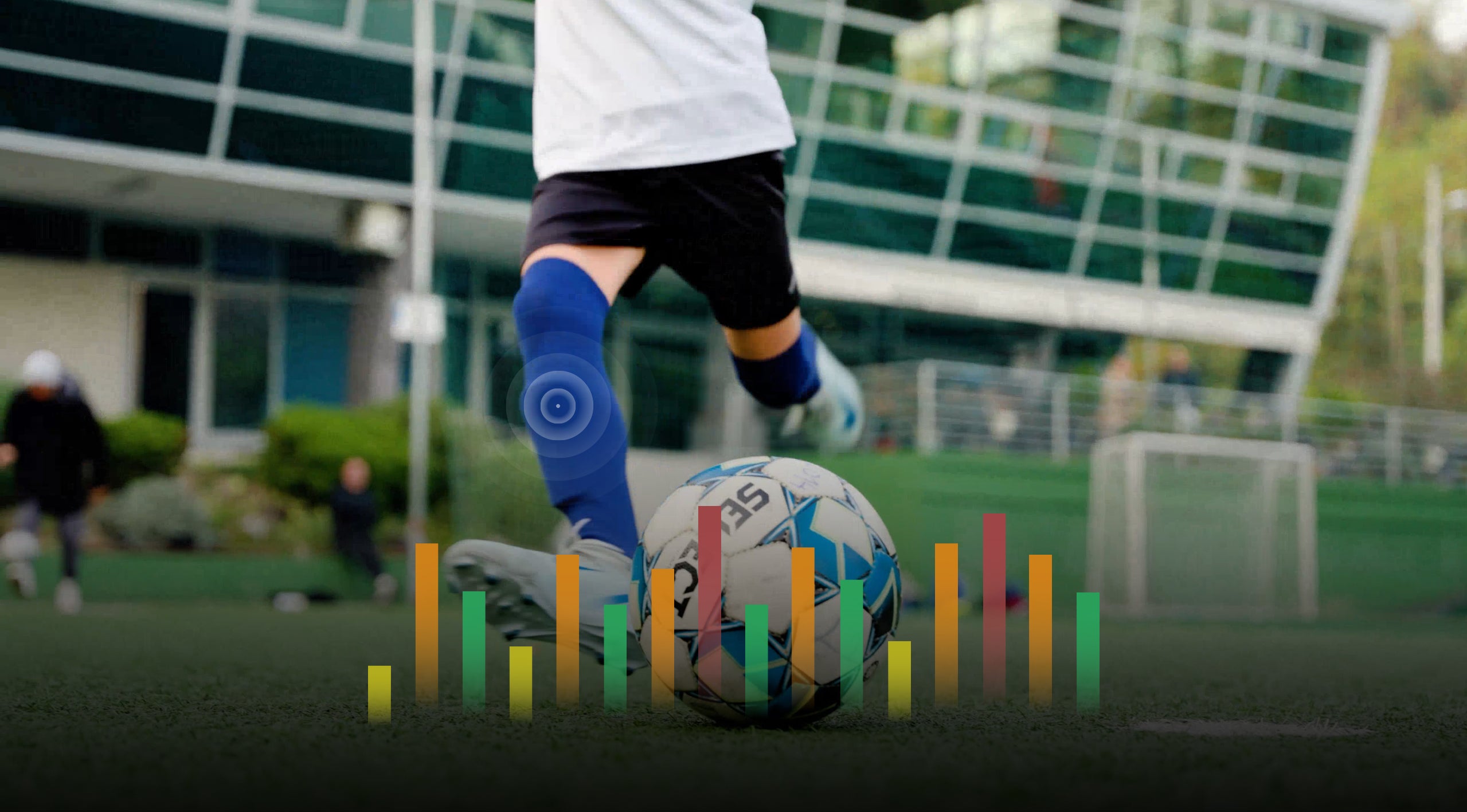 Action shot of a soccer player shooting the ball with superimposed data bar charts representing performance analytics from INSAIT JOY soccer trackers.