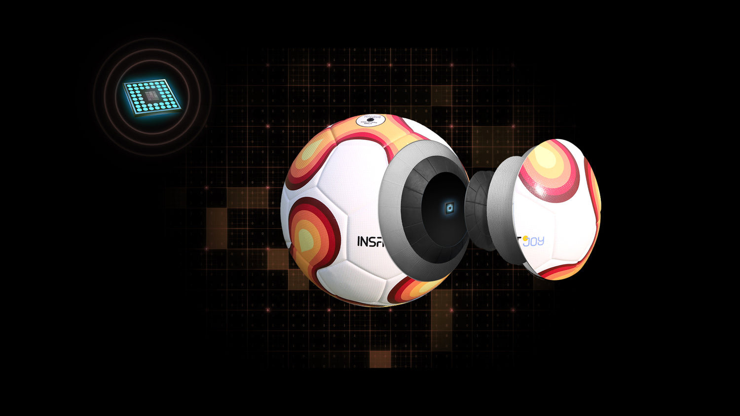 Exploded view of INSAIT JOY Smart Football showing internal AI sensors and connected ball technology