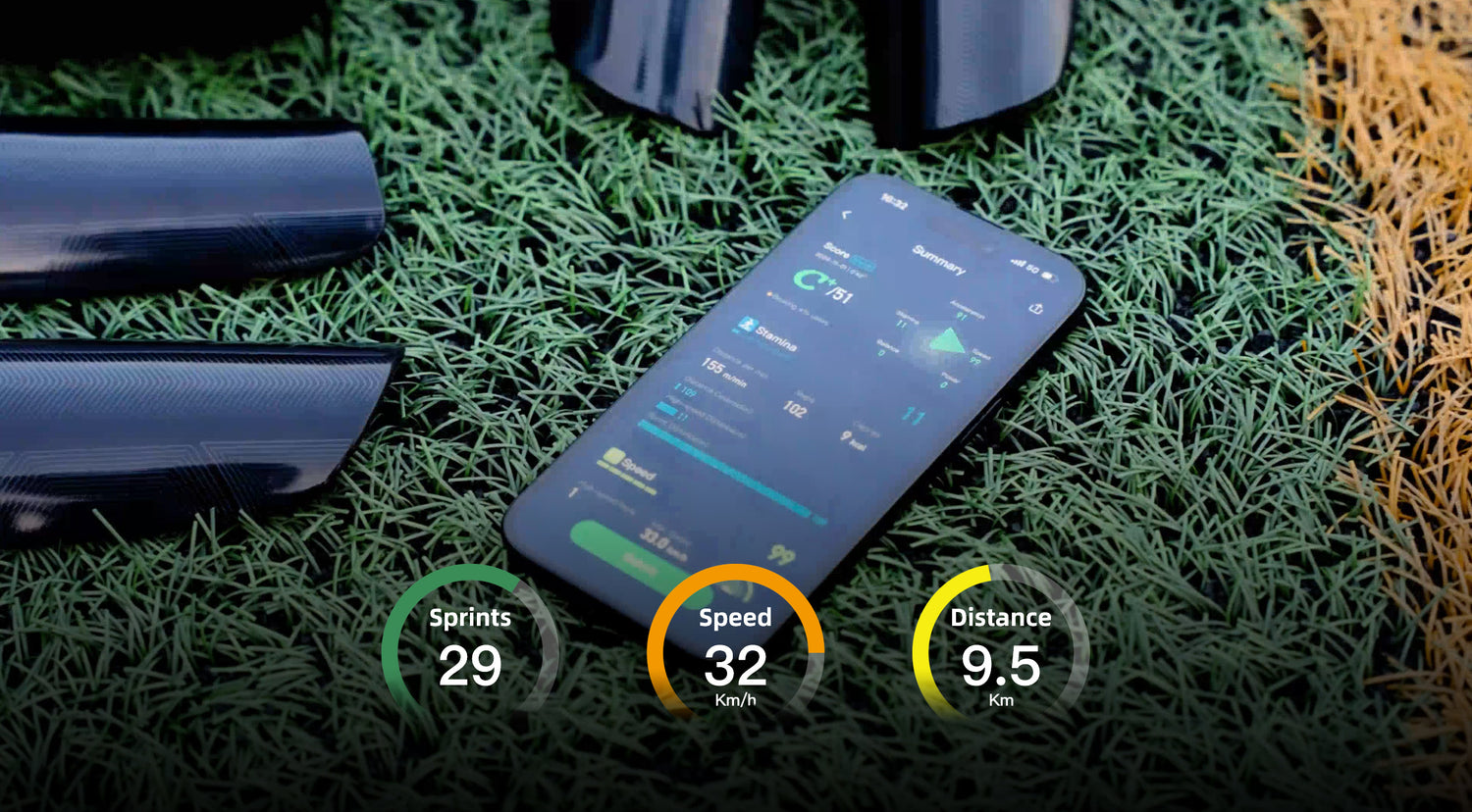 INSAIT JOY smart shin guards and mobile app displaying 18 performance parameters, highlighting sprints, top speed, and total distance data.